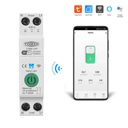 TOMZN 8in1 63A WIFI Smart Switch with monitoring and Protection, TOMZN wifi breaker full function