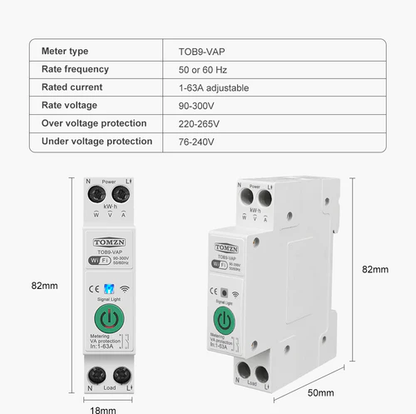 TOMZN 8in1 63A WIFI Smart Switch with monitoring and Protection, TOMZN wifi breaker full function