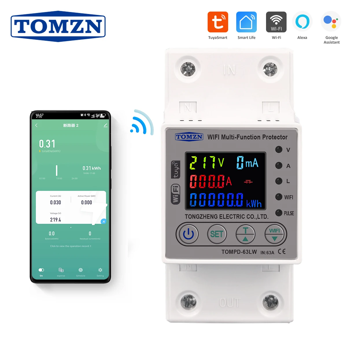 TOMZN All in 1 63A WIFI Smart Circuit Breaker with voltage current and leakage protection