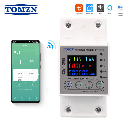 TOMZN All in 1 63A WIFI Smart Circuit Breaker with voltage current and leakage protection