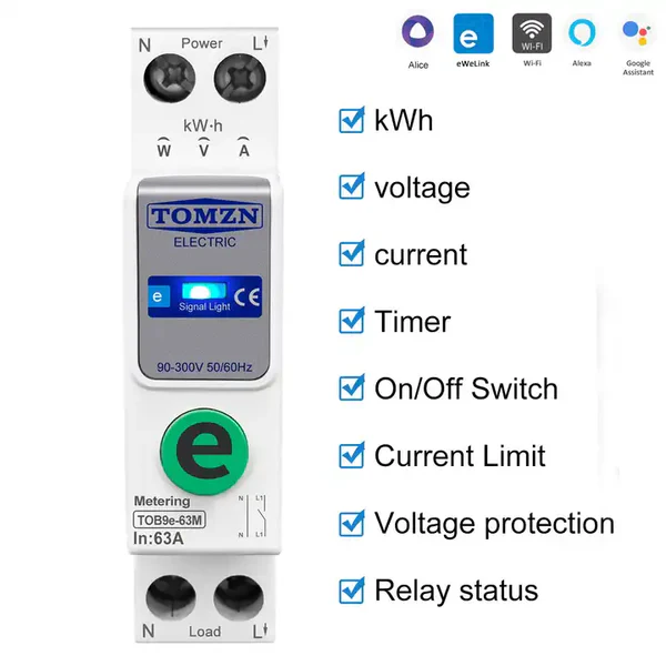 Ewelink TOMZN TOB9e-63M Kwh Monitoring Circuit Breaker 63A WIFI Smart Switch with monitoring and Protection