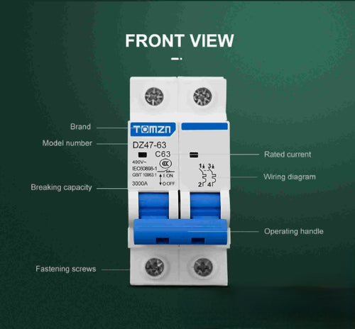 Tomzn 2P AC MCB Circuit Breaker C Type 230/400V 16A, 20A, 32A, 63A