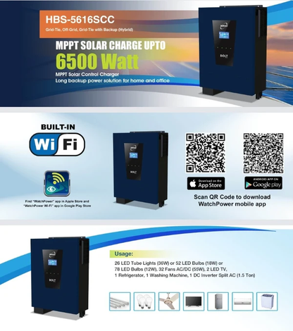 Homage Bolt HBS-5616SCC 5.6KW Hybrid Solar Inverter PV6500 48V with Built-in Wifi