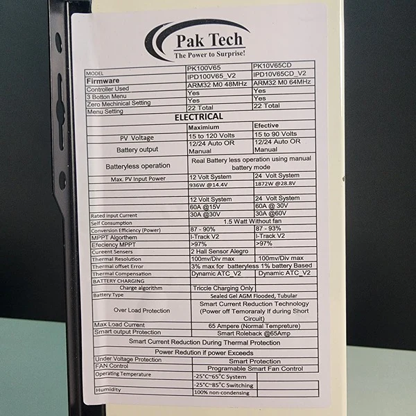 Pak Tech 65A Mppt Solar Charge Controller 12/24V and 1000W / 2000W Solar capacity